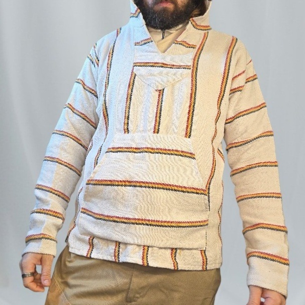 Earth Ragz Men XL‎ Baja Hoodie Cream Red Stripe Pullover Kangaroo Pocket Fleece